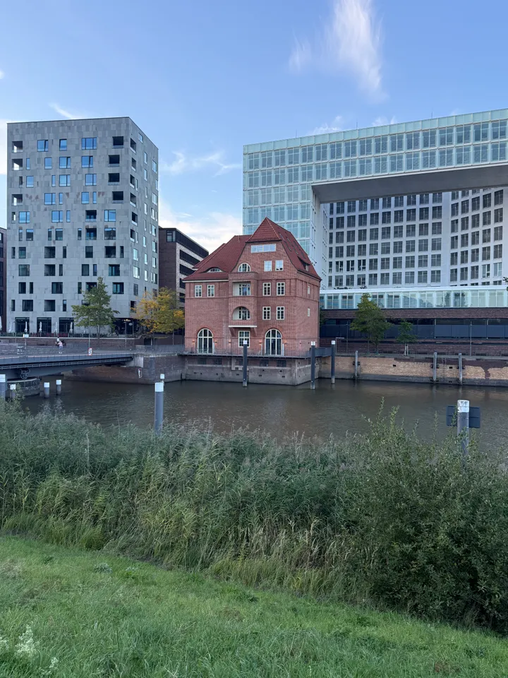 Rotes Backsteinhaus am Hafenbecken zwischen grauem Wohnhochhaus und gläsernem Bürogebäude, vorne Schilf und Wiese