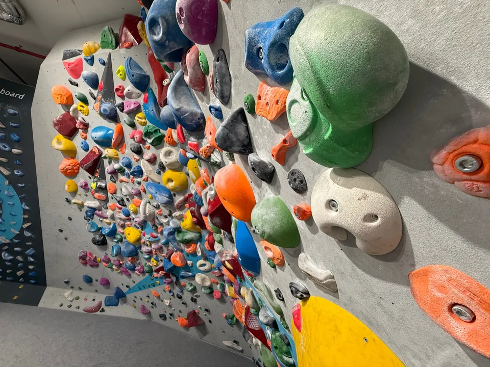 Kletterwand dicht besetzt mit bunten Griffen in vielen Formen, schräg aus der Nähe fotografiert