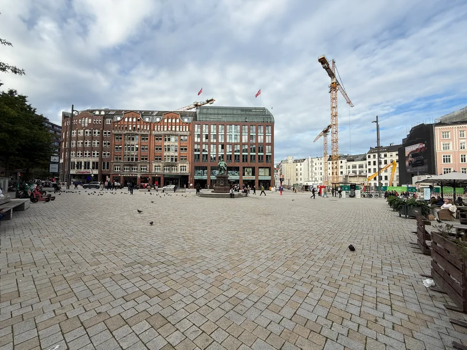 Gepflasterter Gänsemarkt mit Tauben, Lessing-Denkmal, Backsteingebäuden und Baukränen im Hintergrund