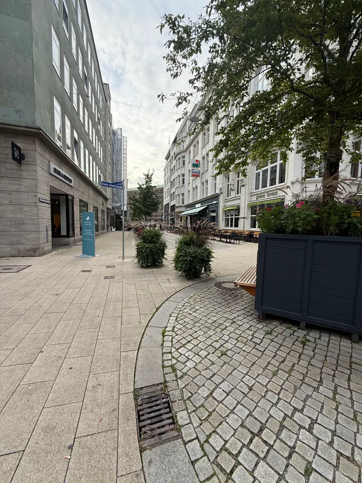 Blick in die Kleine Johannisstraße mit Pflanzkübeln, Rathausquartier-Stele, Bang-&-Olufsen-Laden und hellen Altbauten