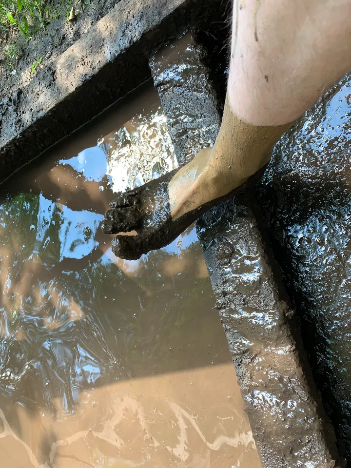 Schlammbedeckter nackter Fuß auf einem Holzbalken über einem Becken mit trübem, braunem Wasser
