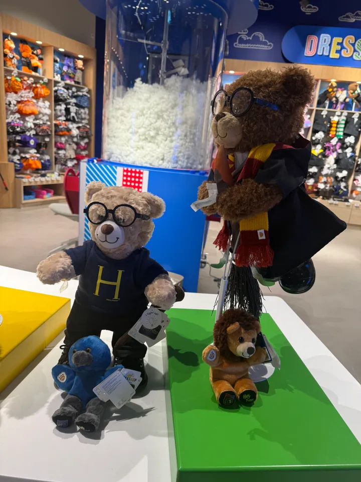 Plüschbären mit runden Brillen, Schal, Umhang und Besen im Harry-Potter-Stil, daneben kleiner Löwe und blauer Vogel