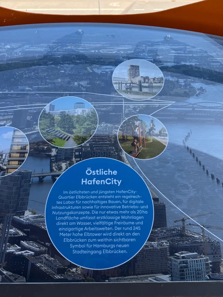 Infotafel mit Luftbild und Text zur östlichen HafenCity, zum Quartier Elbbrücken und zum geplanten Elbtower