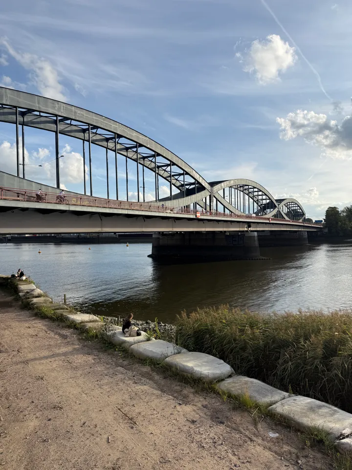 Wellenförmige Stahlbogenbrücke über die Elbe, davor ein sandiger Uferweg mit Sandsäcken und Schilf