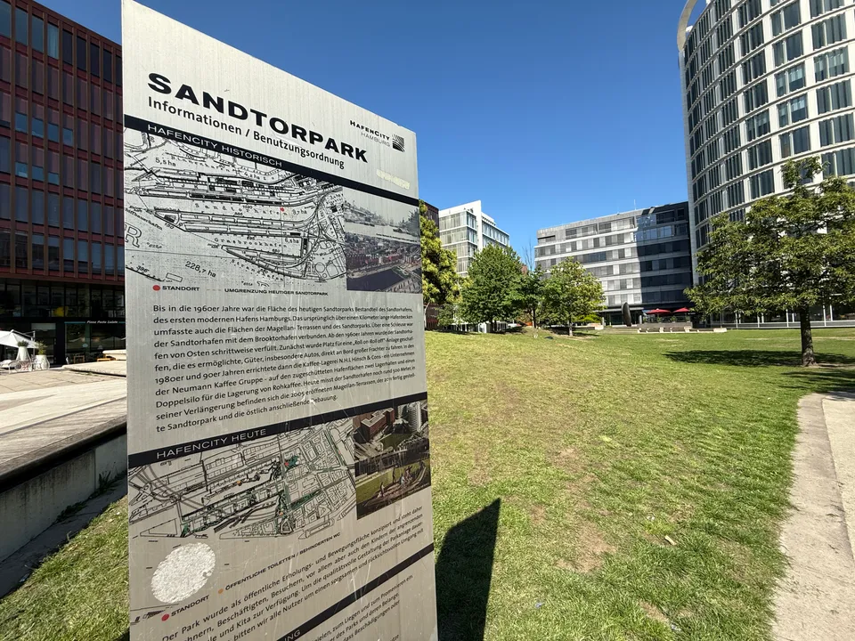 Informationstafel zum Sandtorpark mit Karten und Text vor Rasenfläche, Bäumen und modernen Bürogebäuden