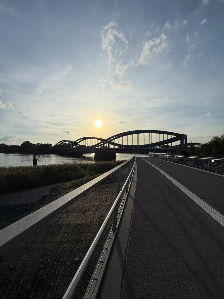 Fuß- und Radweg mit Geländer im Gegenlicht, dahinter Bogenbrücken über die Elbe und tiefstehende Sonne