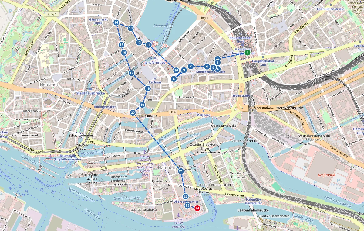 Karte: Die Einkaufsstraßen der Innenstadt mit 24 Stationen